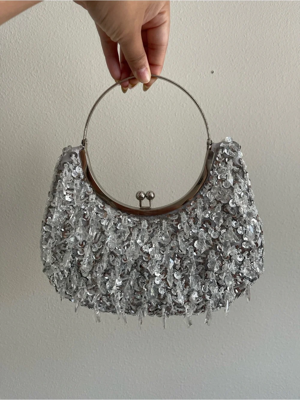 Silver Sequin Ring-Handle Evening Bag